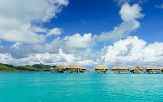 Картинка море, облака, Bora Bora, Французская Полинезия, бунгало, берег