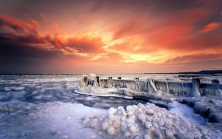 Картинка море, закат, лёд, берег, мост