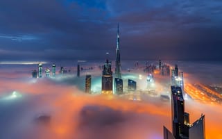 Картинка город, огни, туман, Дубай, вечер, облака, ОАЭ