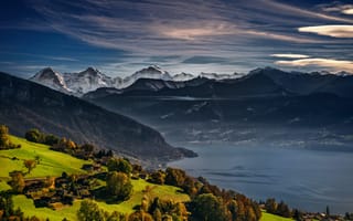 Картинка осень, Альпы, Bernese Oberland, Lake Thun, Тунское озеро, Швейцария, Thunersee, Switzerland, Swiss Alps, озеро, горы