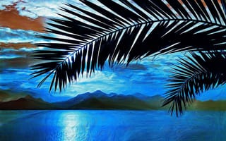 Обои арт, ветка, живопись, картина, горы, painting, пальмы, море