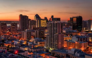 Картинка закат, город, Сан-Диего, река, дома, огни, вечер, США