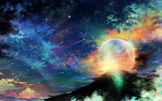 Обои арт, небо, звезды, планета, радуга, tsujiki, ночь, облака, гора