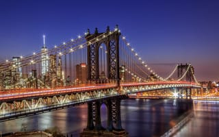Картинка свет, Нью Йорк, ночь, город, мост, огни, США