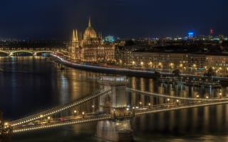 Картинка река, Цепной мост, Budapest, Здание венгерского парламента, Danube River, Будапешт, Hungary, набережная, здания, Венгрия, ночной город, мосты, Hungarian Parliament Building, Chain Bridge, река Дунай