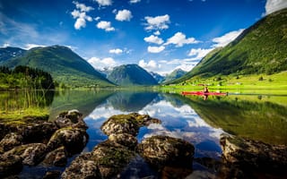 Картинка Norway, озеро, Heimdal, горы, Sogn og Fjordane, байдарка, Норвегия