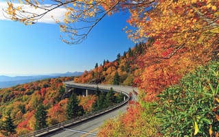 Картинка дорога, осень, Linn Cove Viaduct, Виадук Линн Коув, North Carolina, лес, Голубой хребет, Blue Ridge Mountains, горы, Северная Каролина, деревья