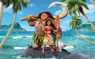 Картинка абориген, Moana, солнце, постер, тату, Walt Disney Pictures, тропики, Maui, ожерелье, пальмы, весло, побережье, Моана, девочка, Мауи, море, мультфильм