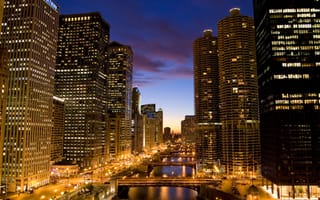 Картинка Chicago, америка, здания, небоскребы, огни, мосты, ночь, сша, высотки, чикаго