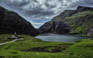 Картинка небо, облака, Saken, лагуна, Faroe Islands, Saksun, Фарерские острова, горы