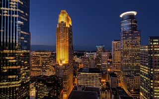 Картинка США, Миннеаполис, ночь, небоскребы, штат Миннесота, огни, дома, освещение, подсветка, синее, небо, здания