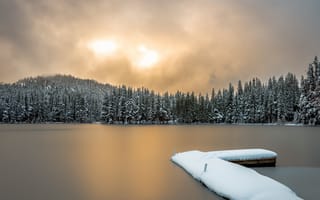 Картинка зима, мост, озеро, природа