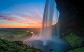 Картинка закат, Сельяландсфосс, Исландия, водопад, скалы