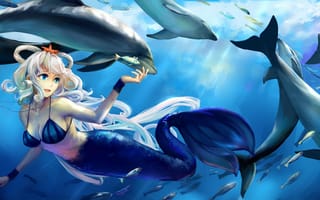 Картинка вокалоид, океан, арт, русалка, рыбки, jiaoshouwen, звезда, luo tianyi, медведь, vocaloid, девушка, под водой, дельфины