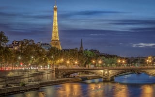 Картинка мост, ночной город, Эйфелева башня, река, Париж, France, Eiffel Tower, Paris, Франция, набережная, Seine River, Мост Инвалидов, река Сена, Pont des Invalides