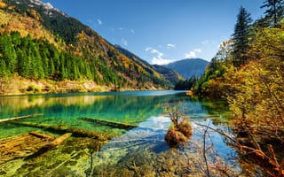 Картинка осень, лес, Jiuzhai Valley National Park, деревья, озеро, горы, Китай, солнечно