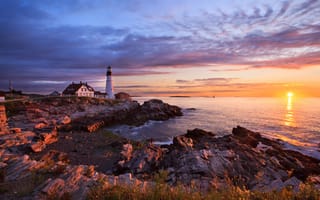 Картинка Портленд, солнце, море, маяк, рассвет, скалы