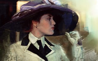Картинка живопись, Kate Winslet, шляпа, Титаник, Кейт Уинслет, арт, перчатки, Роза Дьюитт Бьюкейтер, Titanic, девушка