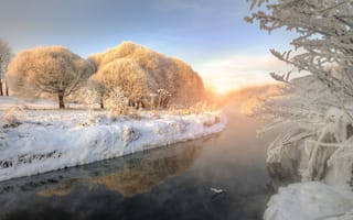 Картинка река, снег, деревья, зима, иней, природа