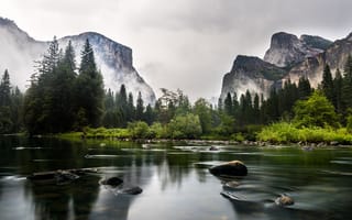 Картинка лес, река, горы, Yosemite National Park, Mariposa, США, California