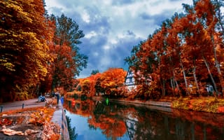 Картинка осень, листья, отражение, красота, домик, пейзаж, река, деревья