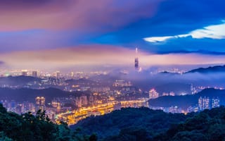 Картинка КНР, тучи, Тайбэй, Тайвань, сумерки, освещение, панорама, огни, башня, туман, синее, гроза, горы, город, вечер, холмы, дымка, деревья, небо, вид, высота, здания, дома