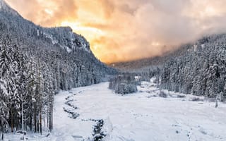 Картинка Sunset, winter, Mount Rainie, snow, Nisqually River valley, national park