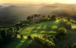 Картинка Италия, деревья, Тоскана, утро, дом