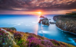 Картинка море, закат, Cornwall, sunset, rocks, скалы, sea, shore, nature landscape, England
