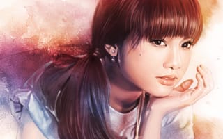 Обои Rainie Yang, глаза, серьги, волосы, хвостик, девушка, арт, живопись, лицо, взгляд, рука