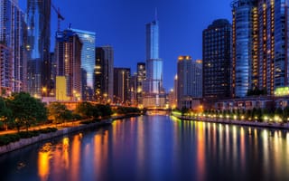 Картинка Chicago, небоскребы, ночь, огни, США, Чикаго, Иллиноис, город