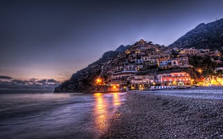 Картинка Positano, дома, Италия, IT, Italy, город, горы, Campania, HDR, вечер