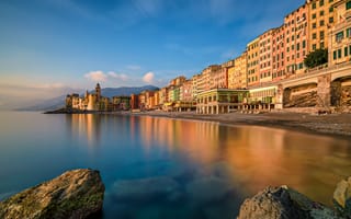 Картинка Лигурийское море, Камольи, Camogli, Ligurian Sea, Liguria, Лигурия, Italy, здания, Италия, пейзаж, море, побережье