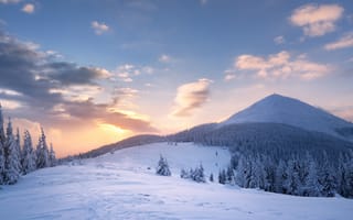 Картинка зима, лес, горы, небо, пейзаж, снег, облака, лучи