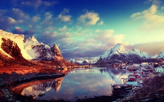 Картинка облака, Lofoten, небо, залив, дома, снег, Норвегия, зима, горы, солнце, Лофотенские острова