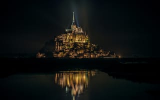 Картинка Франция, Мон-Сен-Мишель, освещение, остров, ночь, отражение