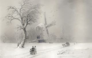 Картинка айвазовский, метель, люди, зима, картина, мельница, сани, дорога