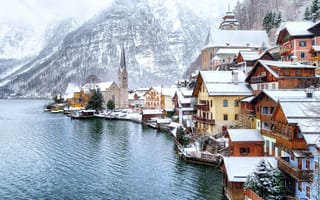 Картинка зима, Hallstatt, горы, Австрия, снег, дома, озеро, берег, лес, Хальштатт, деревья