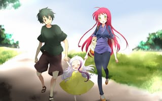 Картинка anime, втроем, arras ramus, art, hataraku maou-sama!, девочка, девушка, yusa emi, прогулка, maou sadao, парень