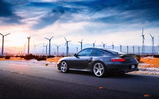 Картинка Porsche, солнце, 996 Turbo, фотограф, пустыня, Larry Chen, свет, диски, дорога