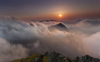 Картинка Nant Gwynant, пейзаж, горы, солнце, GB, облака, Wales