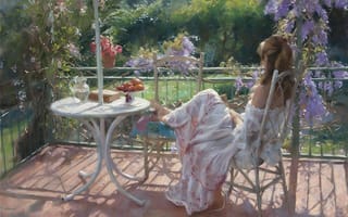 Картинка картина, сад, девушка, Vicente Romero Redondo, веранда, отдых, книга, фрукты, солнечно, цветы