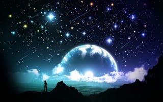 Обои арт, ночь, небо, облака, человек, звезды, силуэт, y-k, планета, море