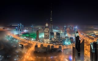 Картинка ночь, Дубай, туман, город, огни, ОАЭ