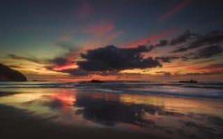 Картинка NZ, рассвет, Новая Зеландия, океан, небо, тучи, пляж, Waikato