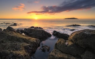 Картинка Tairua, солнце, океан, горизонт, камни, Новая Зеландия, рассвет, NZ, утро, Waikato