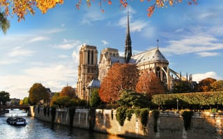 Картинка Notre Dame de Paris, город, Франция, архитектура, Сена, Paris, река, мост, природа, Нотр-Дам-де-Пари, осень, Собор Парижской Богоматери, France, Париж