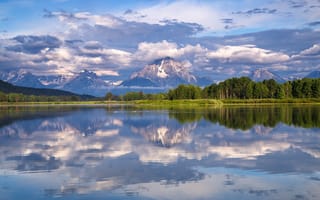 Картинка Mount Moran, Вайоминг, Snake River, Гора Моран, Гранд-Титон, Wyoming, Река Снейк, отражение, облака, лес, Grand Teton National Park