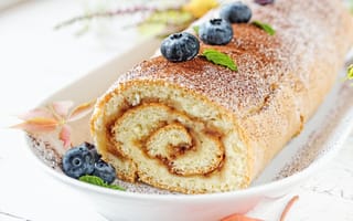 Картинка еда, черника, сладкое, тарелка, рулет, выпечка