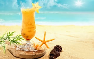 Картинка коктейль, лед, песок, отпуск, карамбола, цитрус, отдых, пляж, лето
